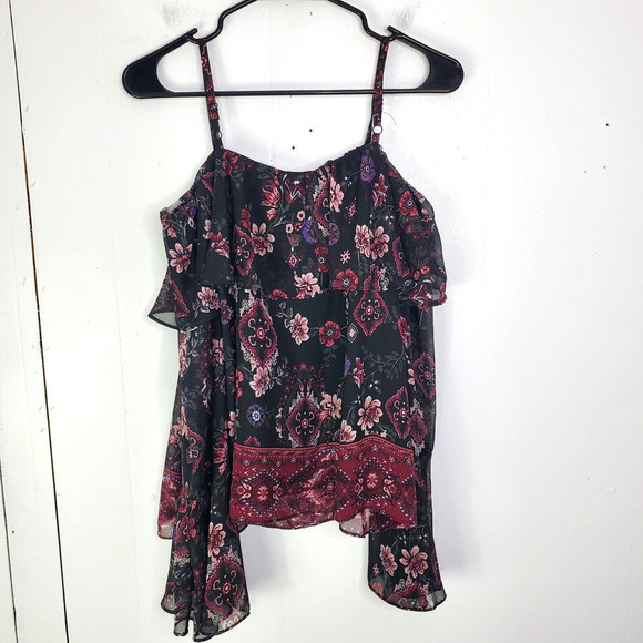 A Byer Top Womens M Sheer Bell Sleeve Cold Shoulder Dark Florals Witchy Goth - Picture 11 of 11